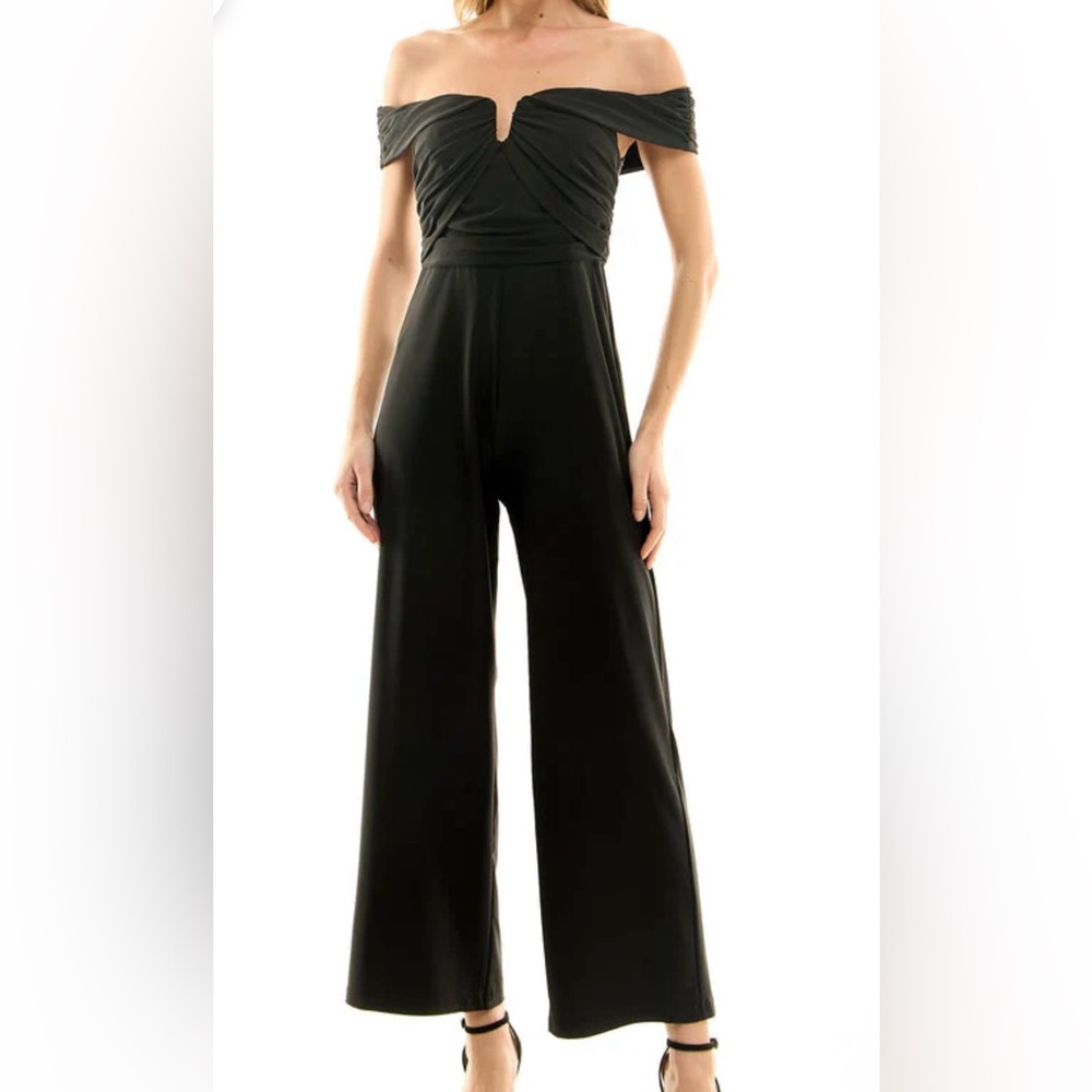 Nicole Miller Classic Black Off the Shoulder Wide Leg Jumpsuit size 14, NWT Sexy